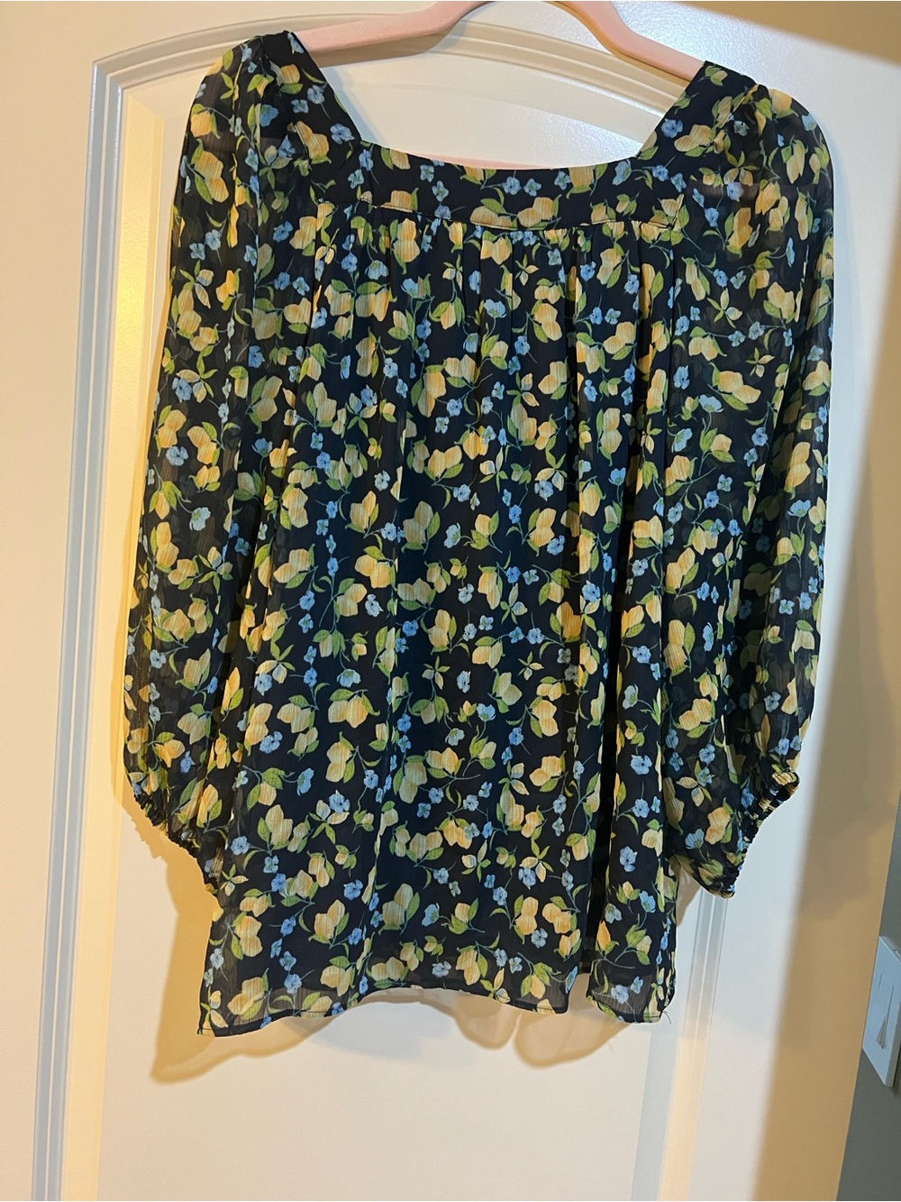LC Lauren Conrad Black Floral Peasant Blouse with Yellow and Light Blue Flowers - Picture 3 of 6
